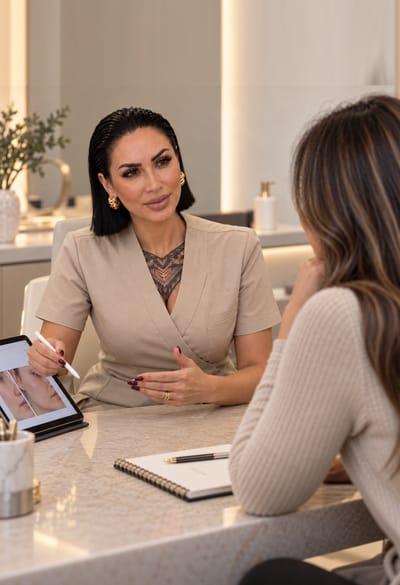Pinar Coppola berät eine Kundin am Tisch mit dem Tablet